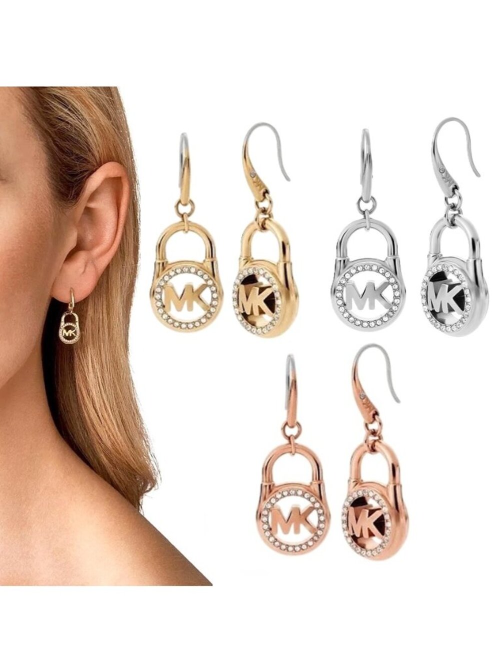 NWB Michael Kors MK Crystals Pave Padlock Drop Hook Earrings
